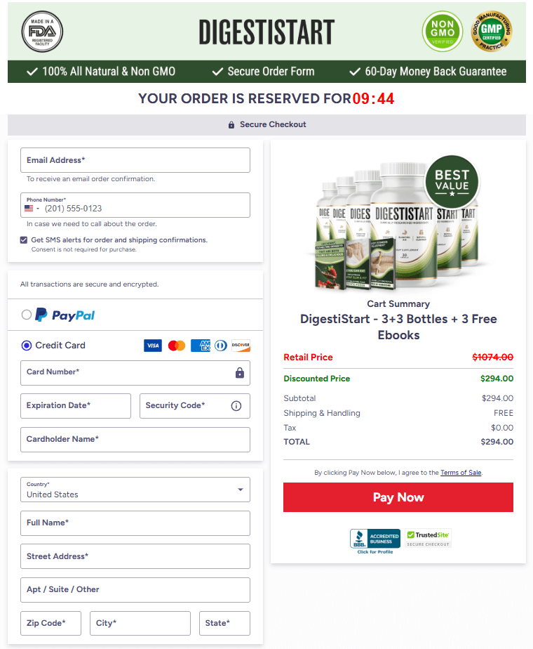 DigestiStart order checkout page